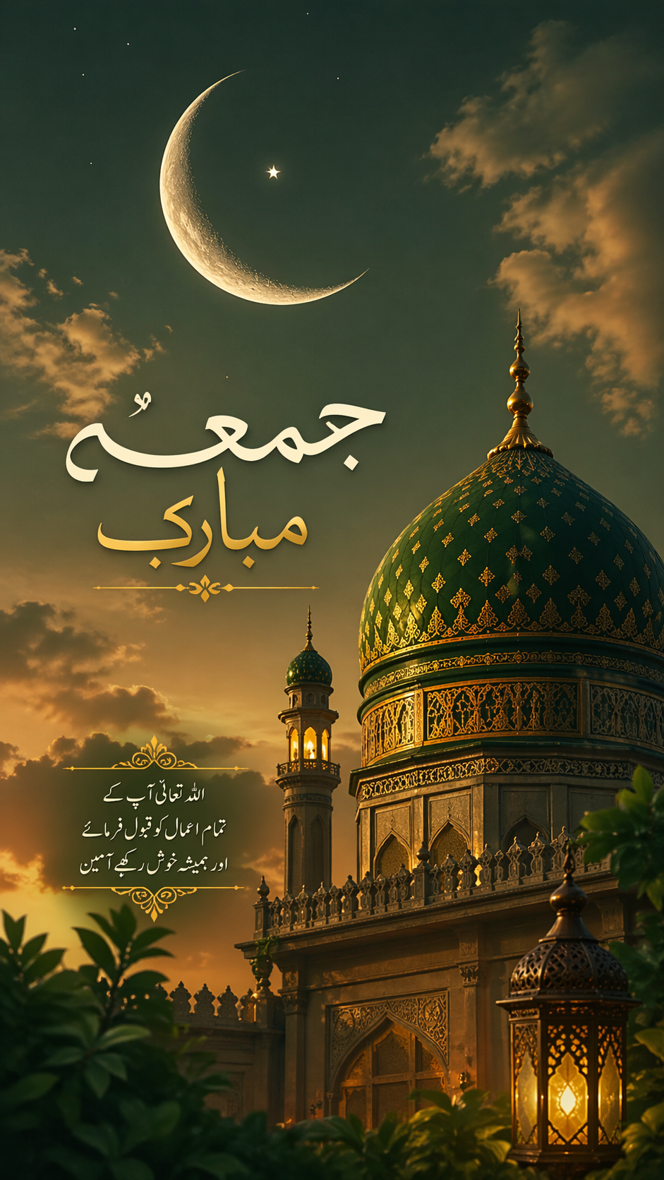 Crescent moon over Mughal-style mosque dome at twilight in green and gold, Urdu Jummah Mubarak